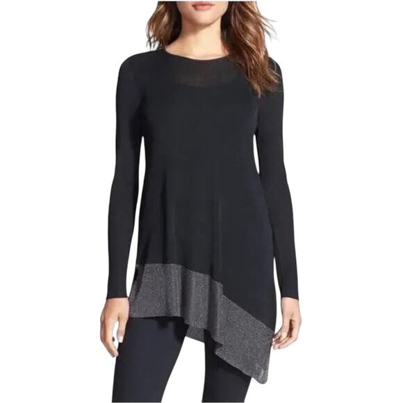Eileen Fisher Asymmetric Sheer Metallic Tunic Sweater Black/Silver, Parties M - Picture 1 of 9